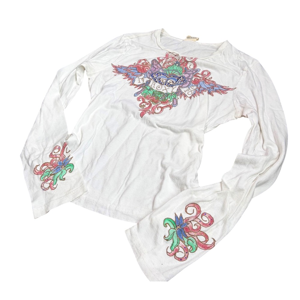 Vintage Roxy Y2K Graphic Long Sleeve T-Shirt White Rhinestone Winged Heart
